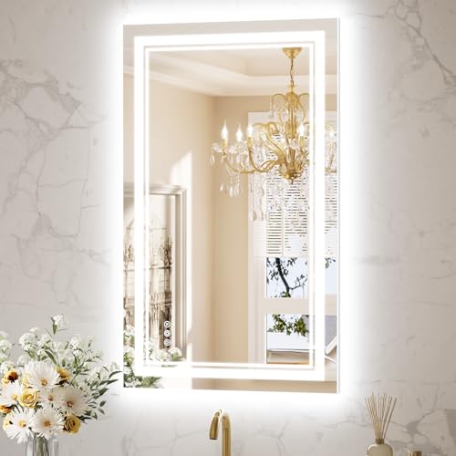 LED Bathroom Mirror with Front & Backlight, Anti-Fog, Dimmable 3-Color Lighting