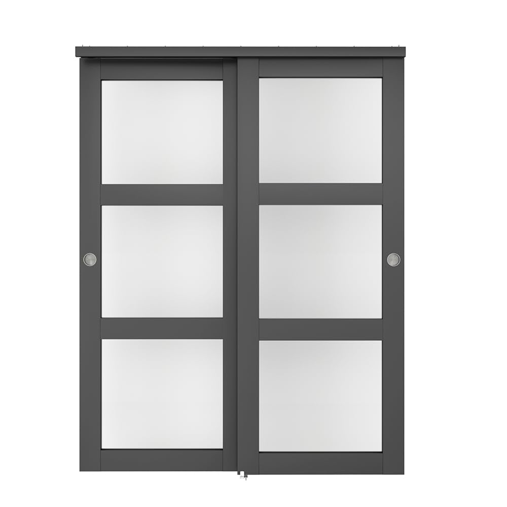 3-Lite Frosted Tempered Glass Double Bypass Closet Doors with Hardware Kit
