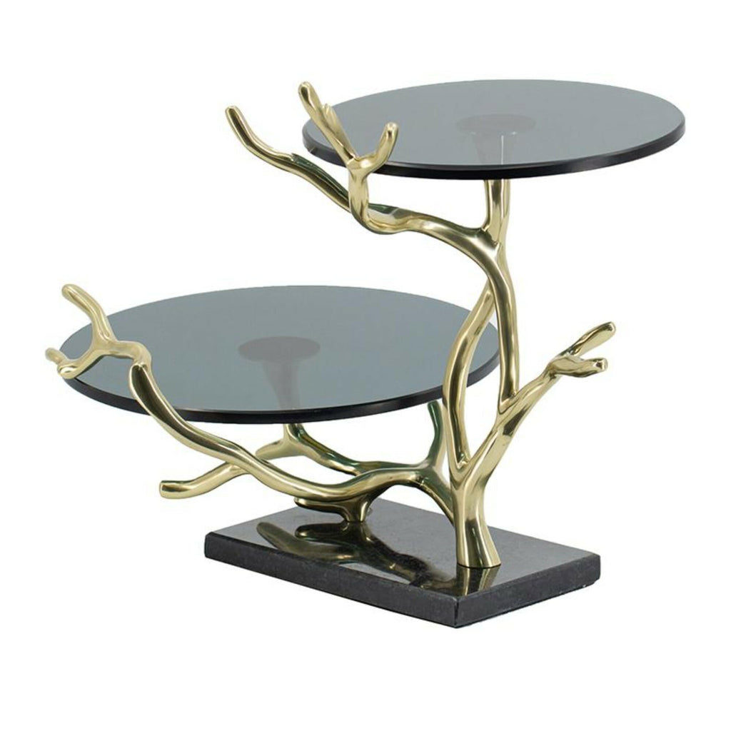 16.9" Round 2-Tier Cake Stand, Gold & Black Aluminum with Glass and Granite, Dessert Display