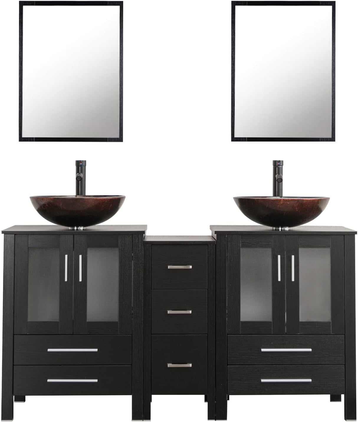 60" Black Bathroom Vanity Set with Porcelain Vessel Sink, Dual Storage Cabinets & Soft-Close Drawers