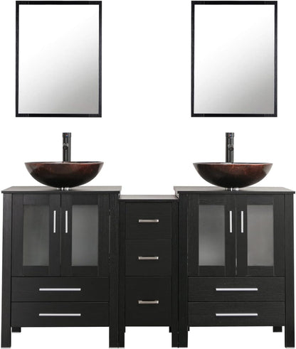 60" Black Bathroom Vanity Set with Porcelain Vessel Sink, Dual Storage Cabinets & Soft-Close Drawers