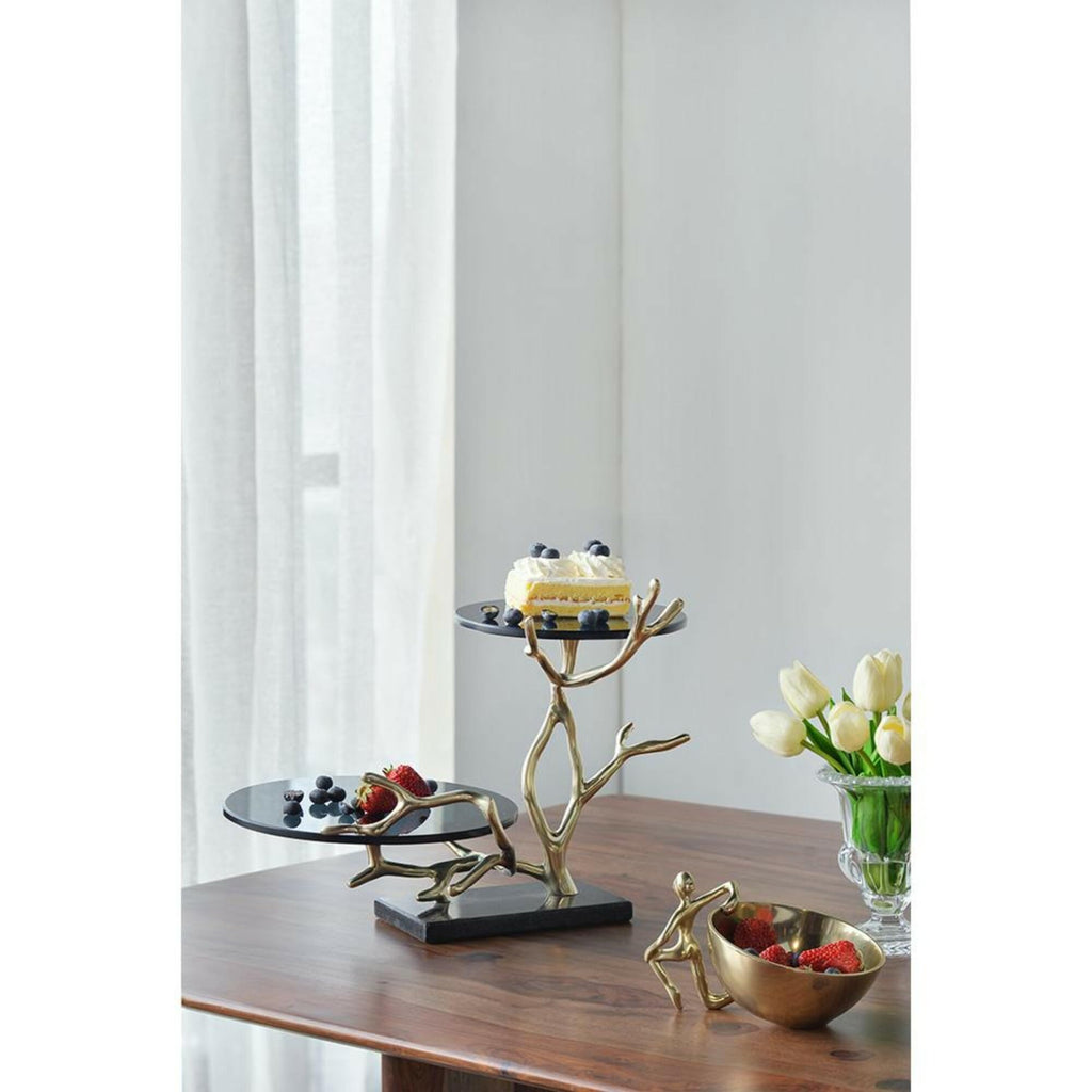 16.9" Round 2-Tier Cake Stand, Gold & Black Aluminum with Glass and Granite, Dessert Display