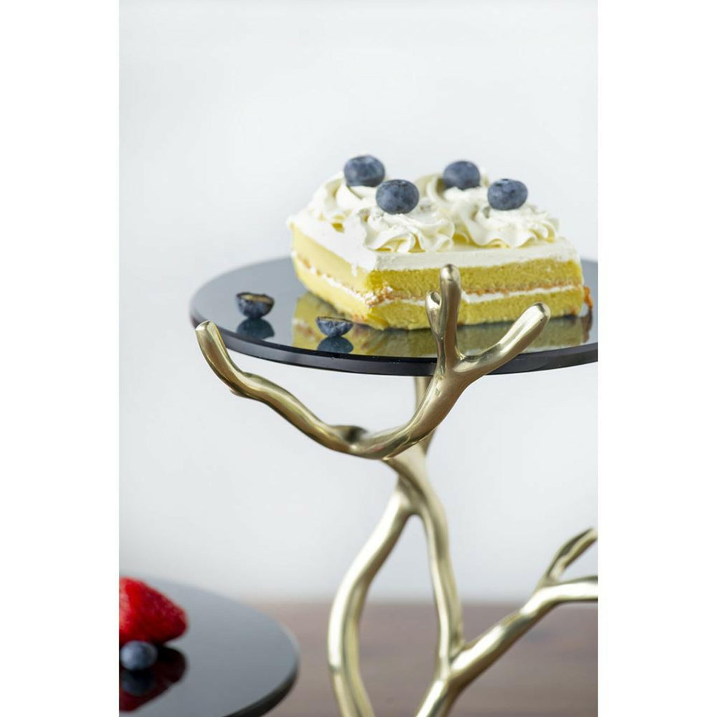 16.9" Round 2-Tier Cake Stand, Gold & Black Aluminum with Glass and Granite, Dessert Display