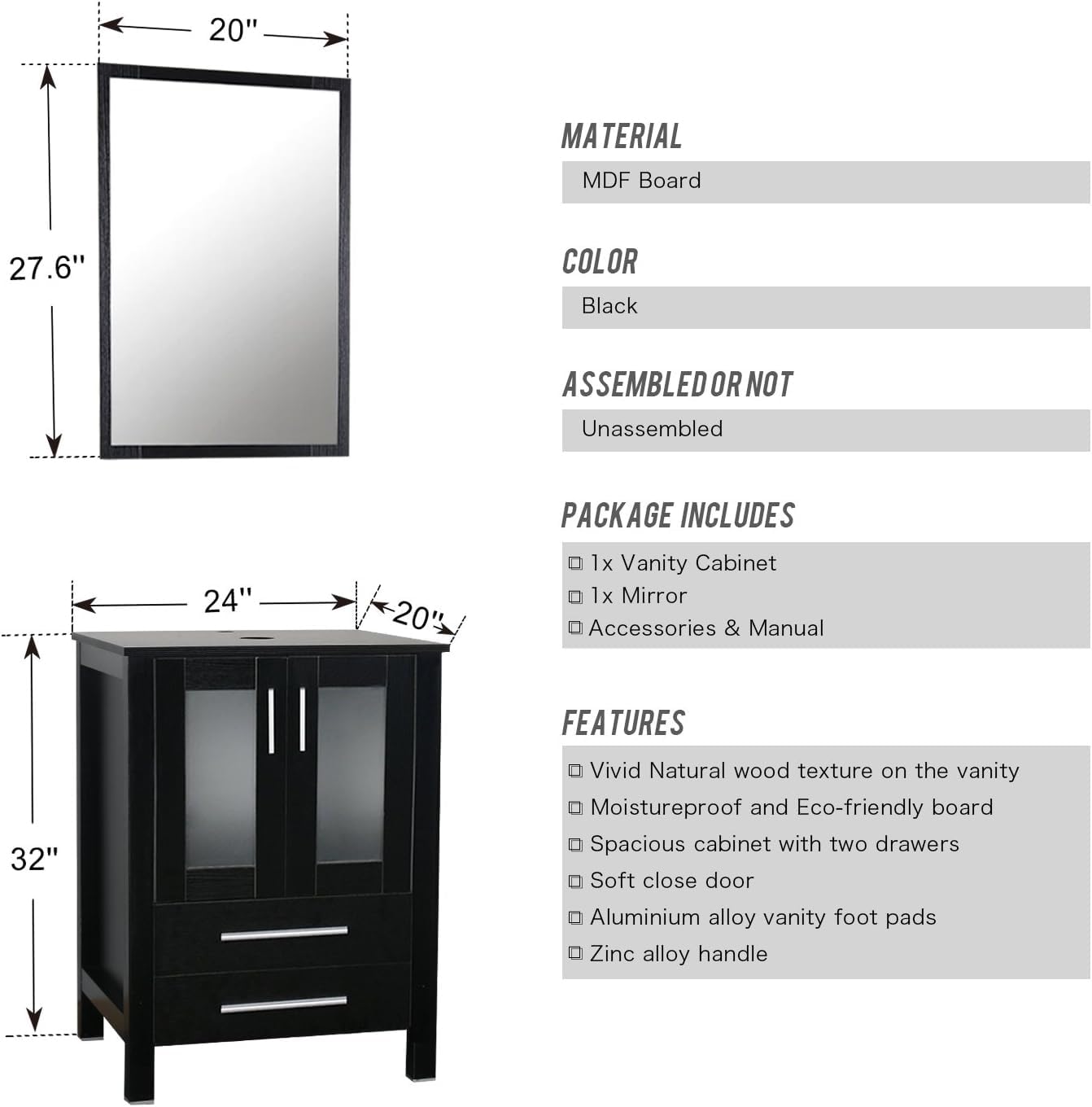 60" Black Bathroom Vanity Set with Porcelain Vessel Sink, Dual Storage Cabinets & Soft-Close Drawers