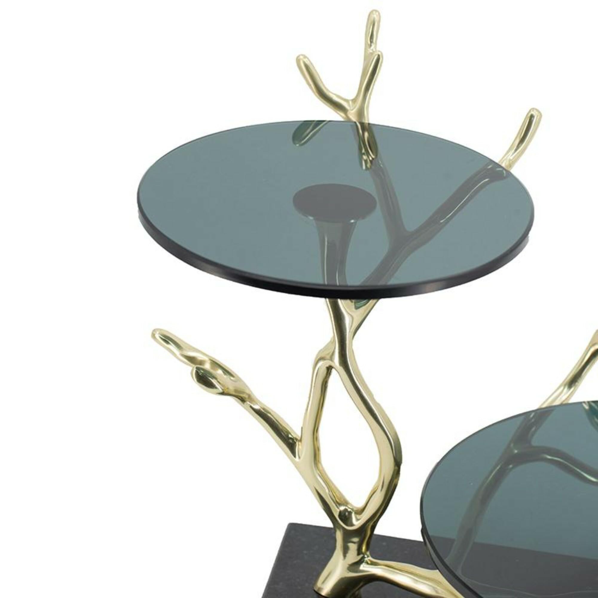 16.9" Round 2-Tier Cake Stand, Gold & Black Aluminum with Glass and Granite, Dessert Display