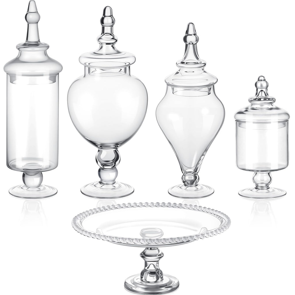 Clear Glass Apothecary Jar Set with Lids, Candy & Cookie Storage Canisters and Cake Stand