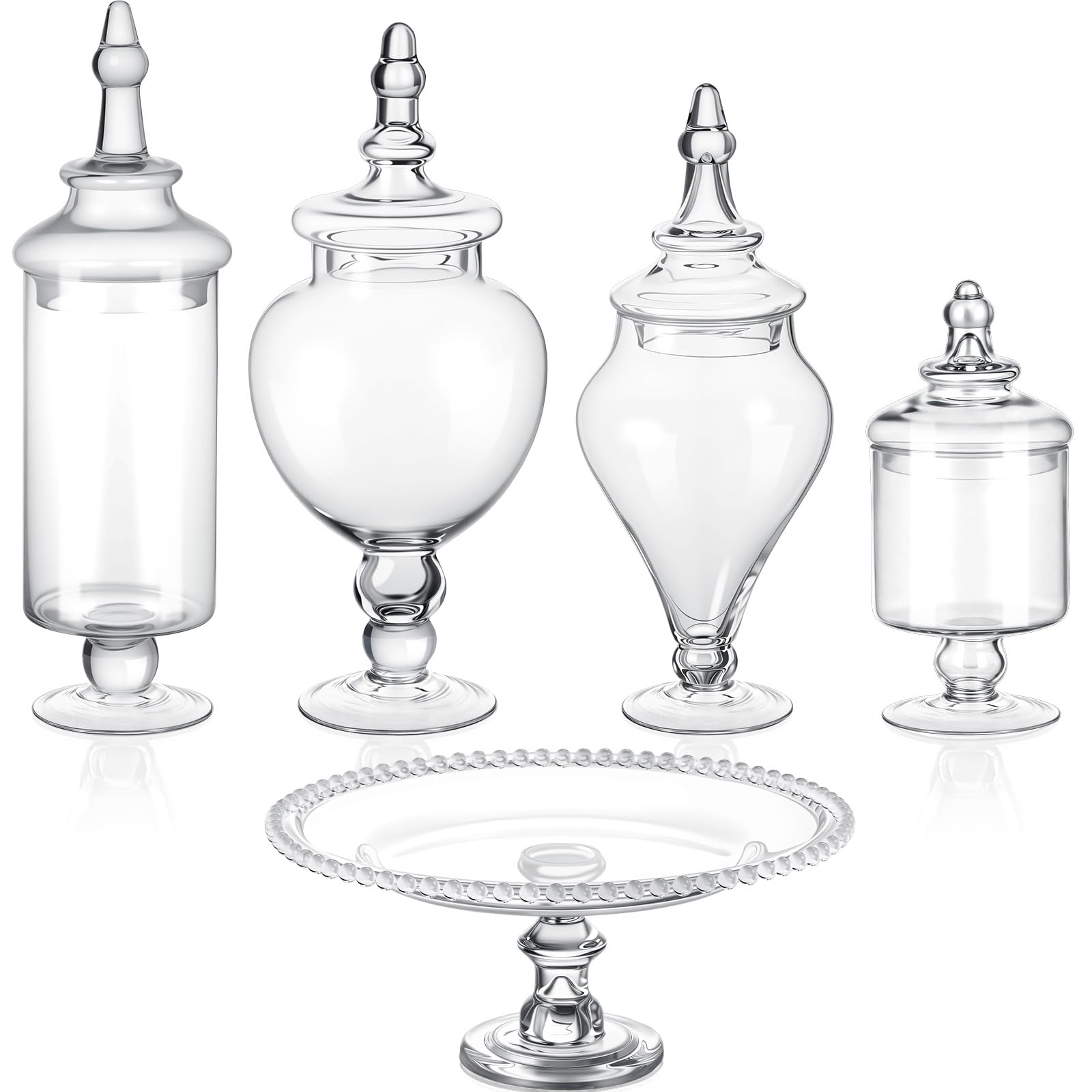 Clear Glass Apothecary Jar Set with Lids, Candy & Cookie Storage Canisters and Cake Stand