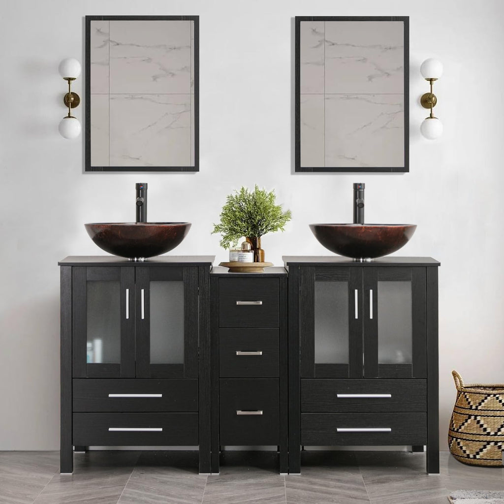 60" Black Bathroom Vanity Set with Porcelain Vessel Sink, Dual Storage Cabinets & Soft-Close Drawers