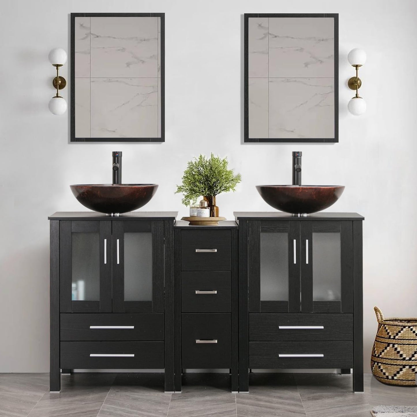 60" Black Bathroom Vanity Set with Porcelain Vessel Sink, Dual Storage Cabinets & Soft-Close Drawers