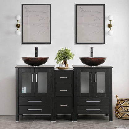 60" Black Bathroom Vanity Set with Porcelain Vessel Sink, Dual Storage Cabinets & Soft-Close Drawers