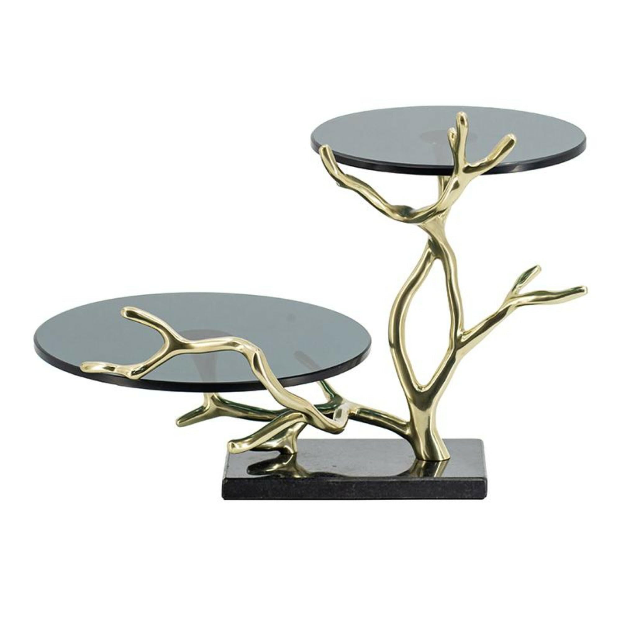16.9" Round 2-Tier Cake Stand, Gold & Black Aluminum with Glass and Granite, Dessert Display