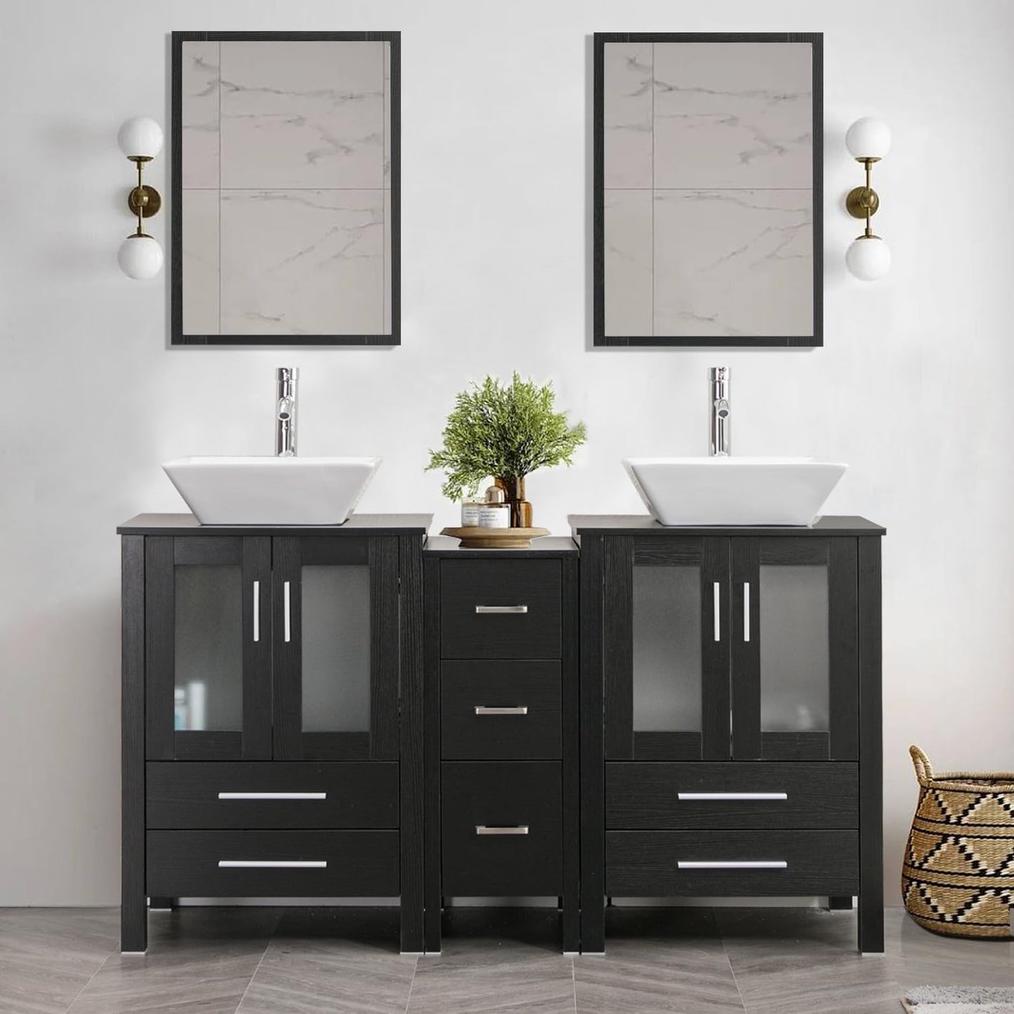 60" Black Bathroom Vanity Set with Porcelain Vessel Sink, Dual Storage Cabinets & Soft-Close Drawers