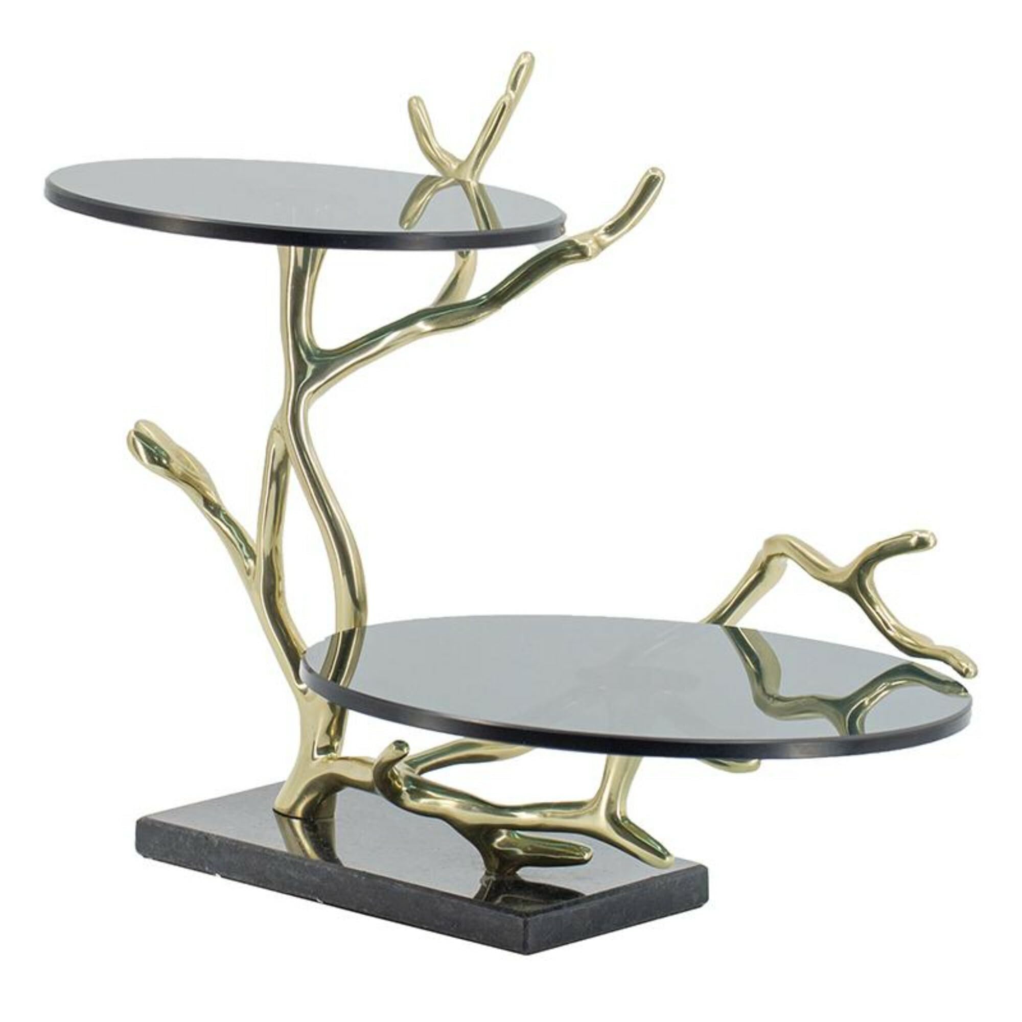 16.9" Round 2-Tier Cake Stand, Gold & Black Aluminum with Glass and Granite, Dessert Display
