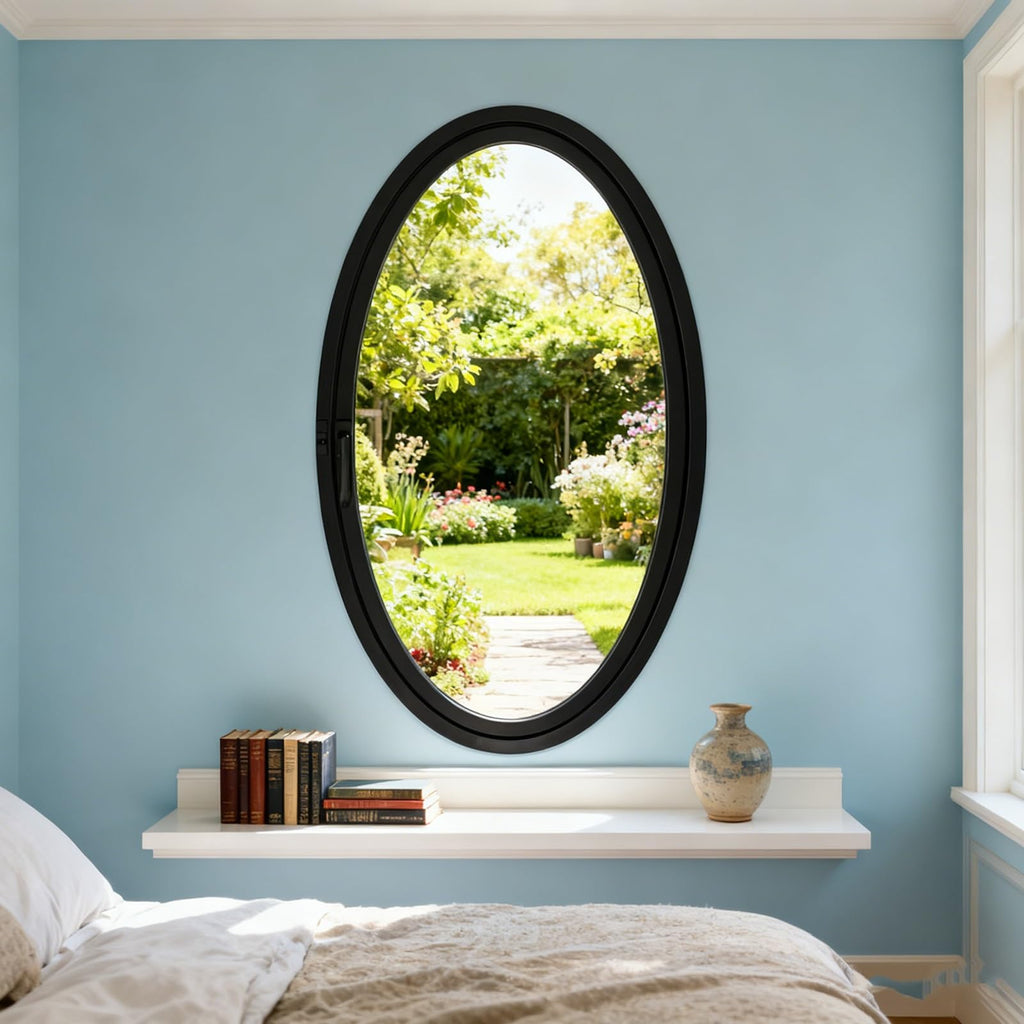 Oval Casement Window with Tempered Glass and Aluminum Frame, Flush-Mounted Rotating Design