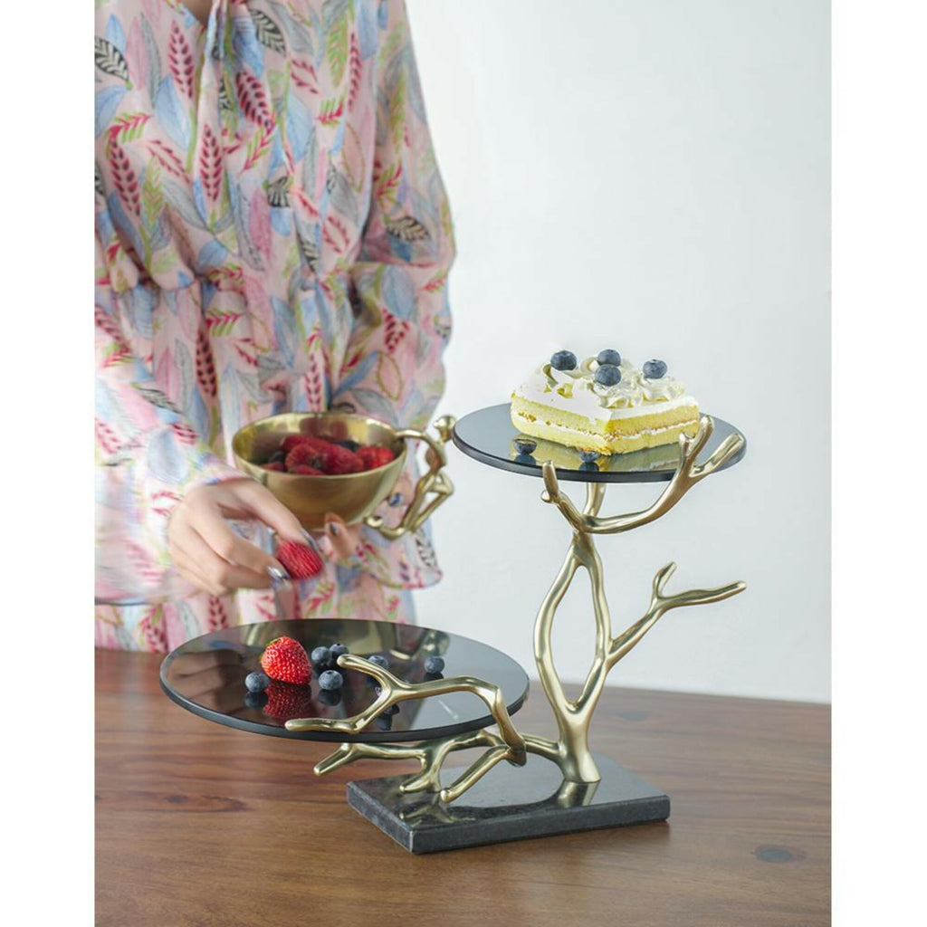 16.9" Round 2-Tier Cake Stand, Gold & Black Aluminum with Glass and Granite, Dessert Display