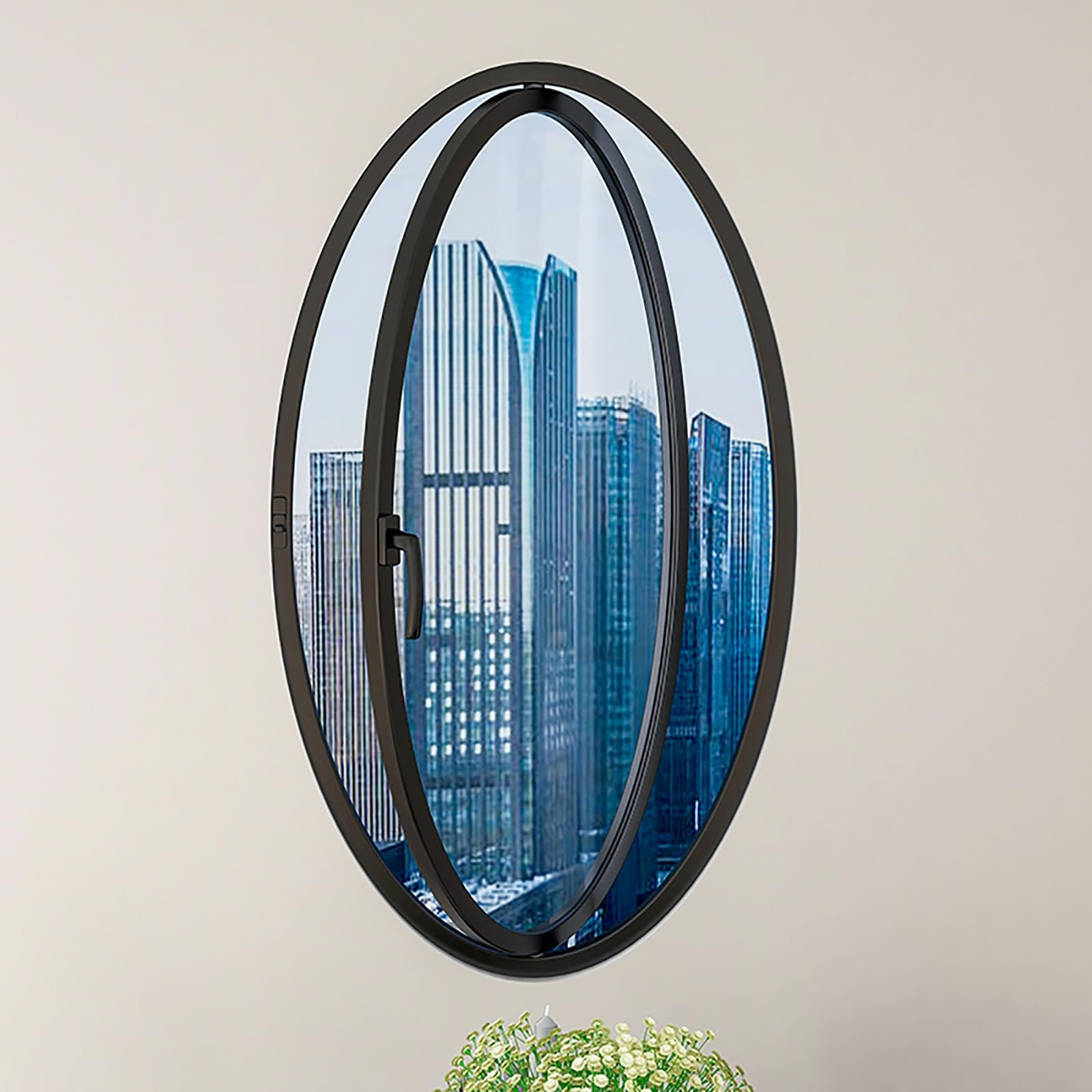 Oval Casement Window with Tempered Glass and Aluminum Frame, Flush-Mounted Rotating Design