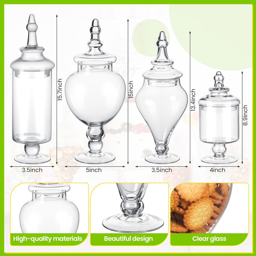 Clear Glass Apothecary Jar Set with Lids, Candy & Cookie Storage Canisters and Cake Stand