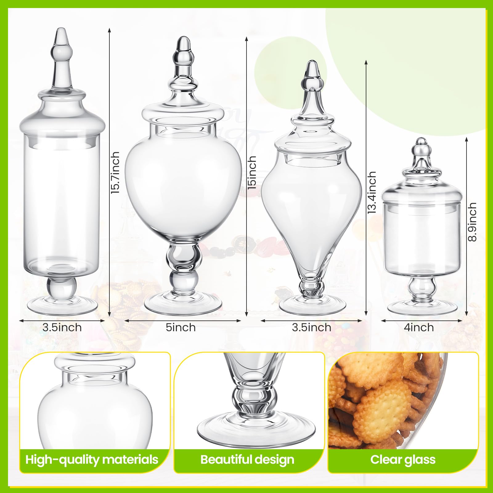 Clear Glass Apothecary Jar Set with Lids, Candy & Cookie Storage Canisters and Cake Stand
