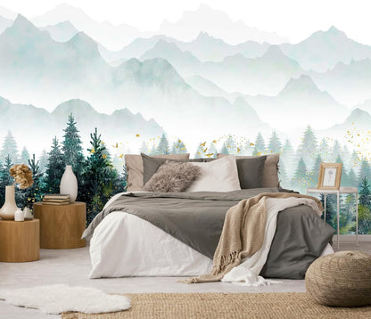 Mountain Stream Forest Wall Mural with Sunlight, Non-Adhesive Wallpaper
