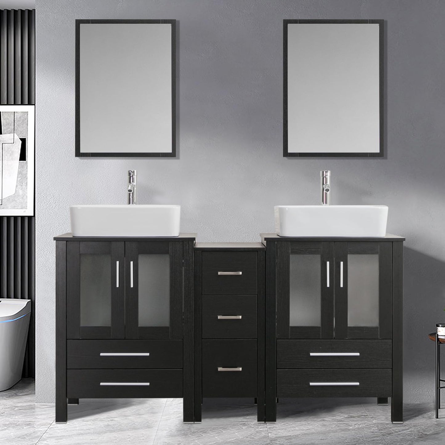 60" Black Bathroom Vanity Set with Porcelain Vessel Sink, Dual Storage Cabinets & Soft-Close Drawers