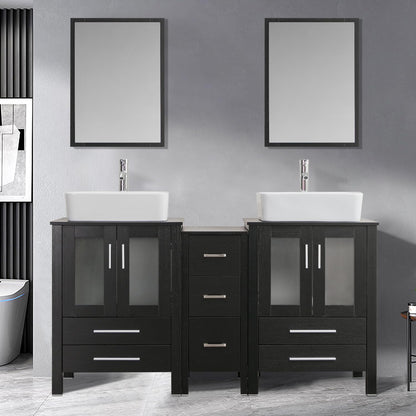 60" Black Bathroom Vanity Set with Porcelain Vessel Sink, Dual Storage Cabinets & Soft-Close Drawers