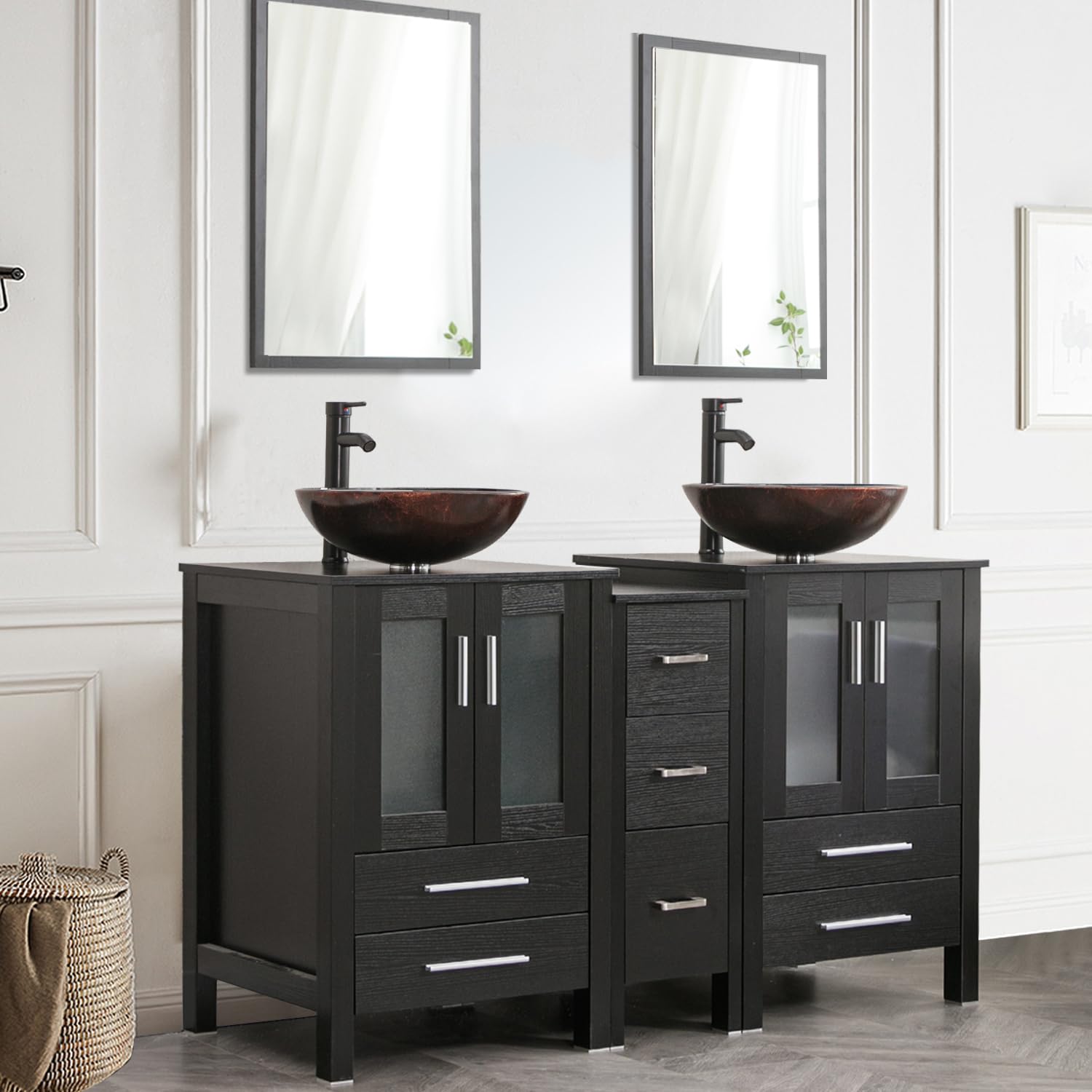 60" Black Bathroom Vanity Set with Porcelain Vessel Sink, Dual Storage Cabinets & Soft-Close Drawers