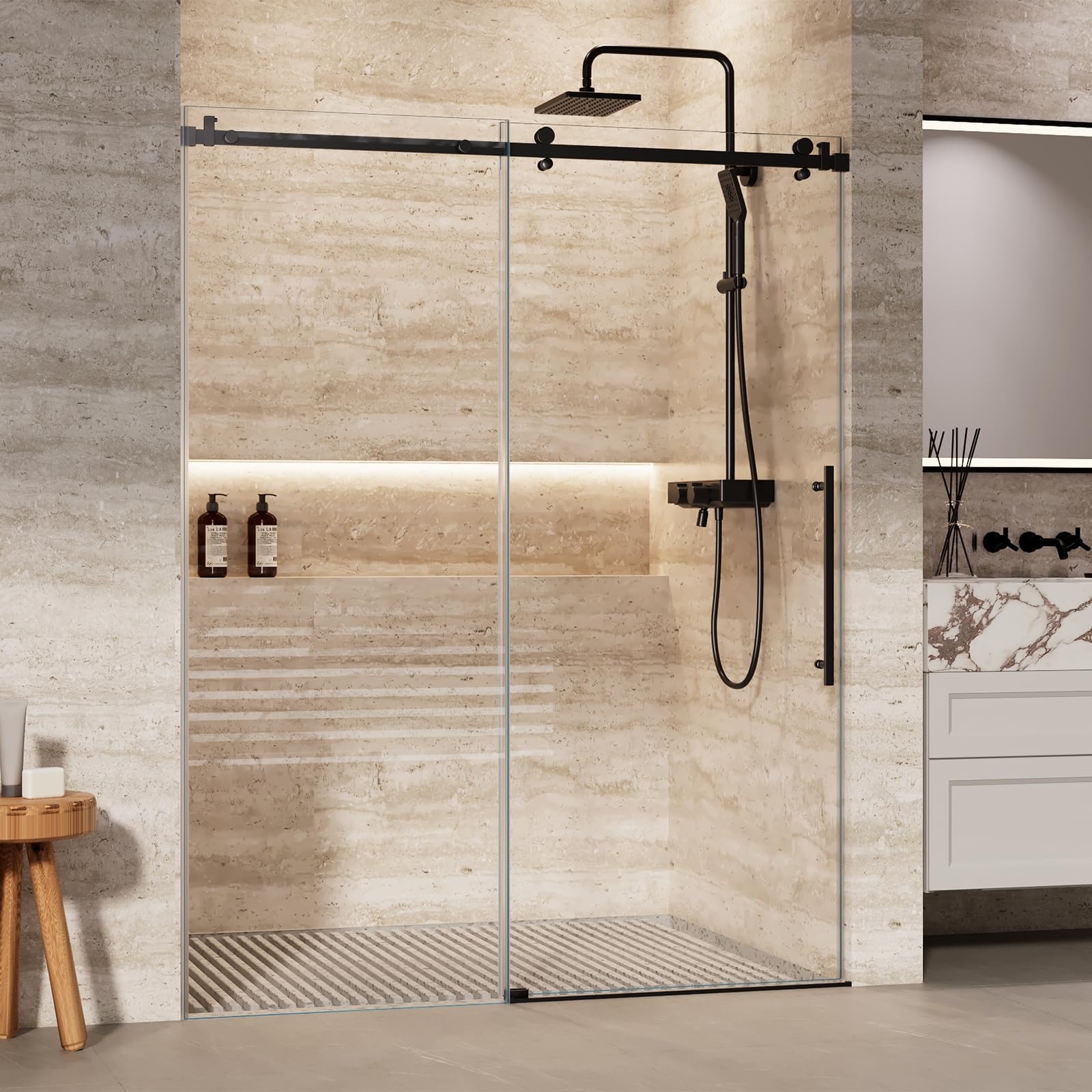 Frameless Sliding Shower Door with Clear Tempered Glass and Stainless Steel Hardware
