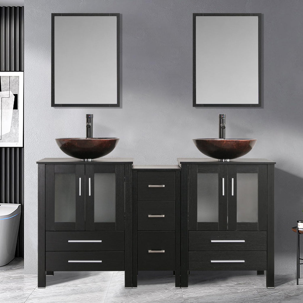 60" Black Bathroom Vanity Set with Porcelain Vessel Sink, Dual Storage Cabinets & Soft-Close Drawers