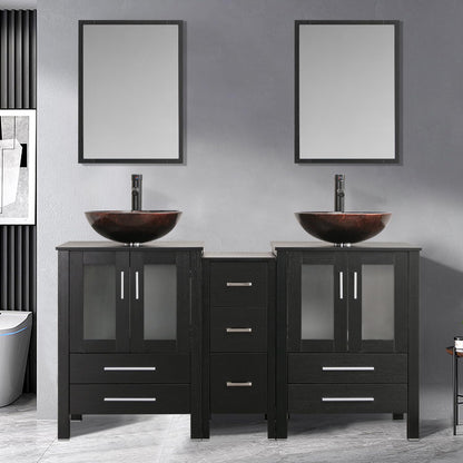 60" Black Bathroom Vanity Set with Porcelain Vessel Sink, Dual Storage Cabinets & Soft-Close Drawers