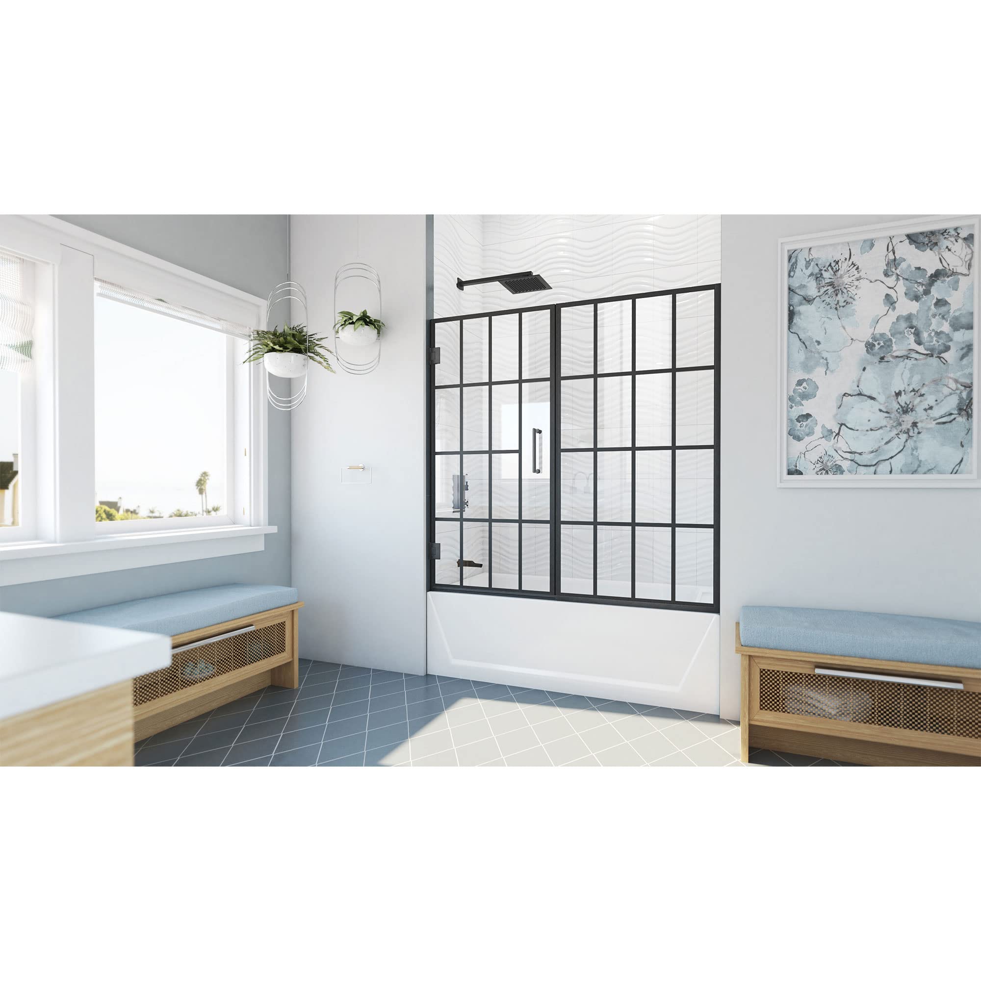 Frameless Hinged Tub Door, Matte Black, 58–58.5" W × 58" H
