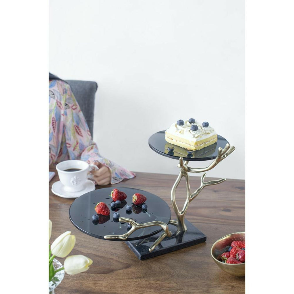 16.9" Round 2-Tier Cake Stand, Gold & Black Aluminum with Glass and Granite, Dessert Display