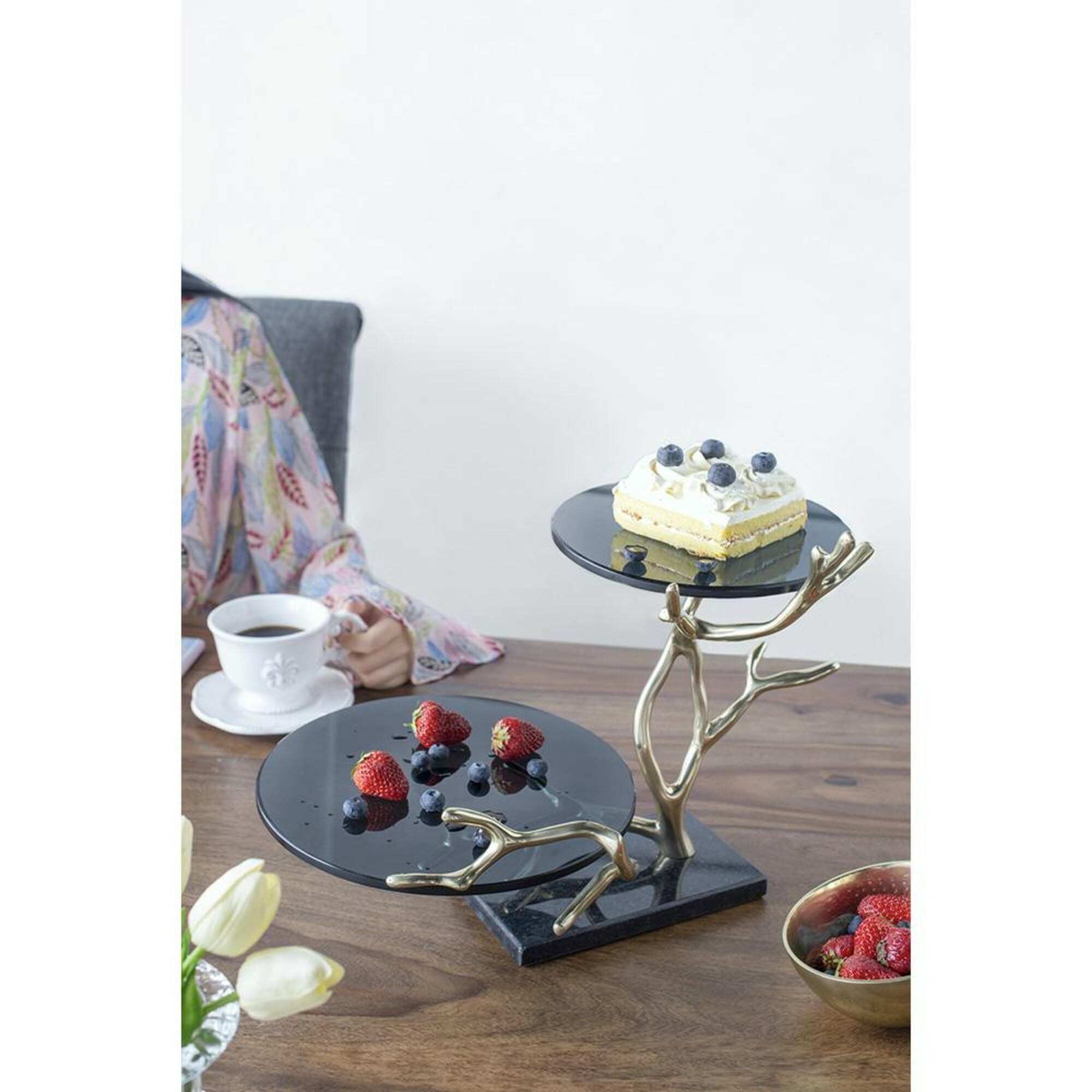 16.9" Round 2-Tier Cake Stand, Gold & Black Aluminum with Glass and Granite, Dessert Display