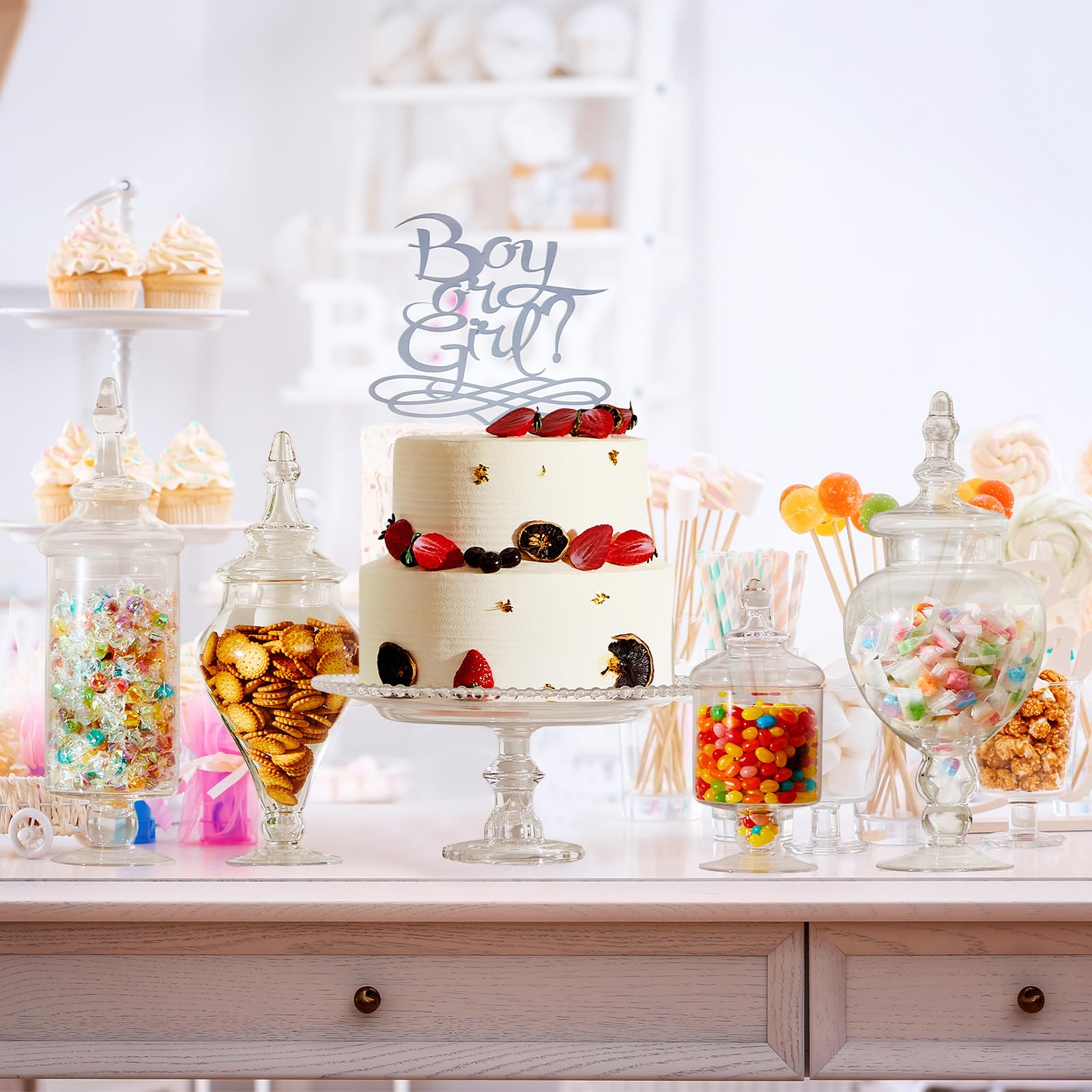 Clear Glass Apothecary Jar Set with Lids, Candy & Cookie Storage Canisters and Cake Stand
