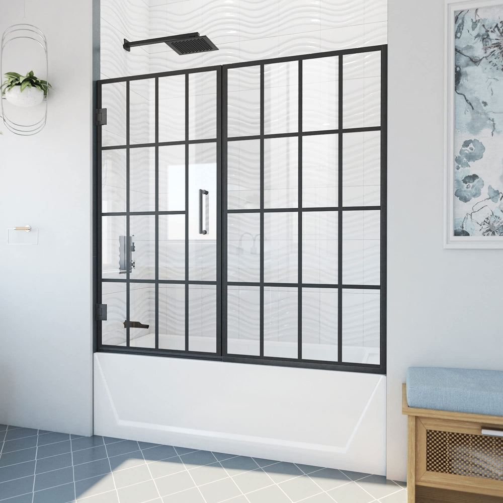 Frameless Hinged Tub Door, Matte Black, 58–58.5" W × 58" H