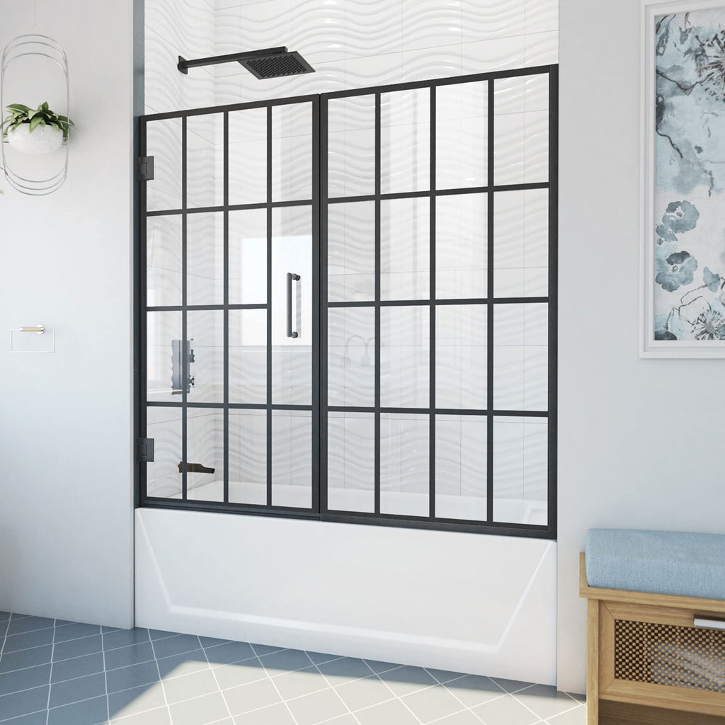 Frameless Hinged Tub Door, Matte Black, 58–58.5" W × 58" H