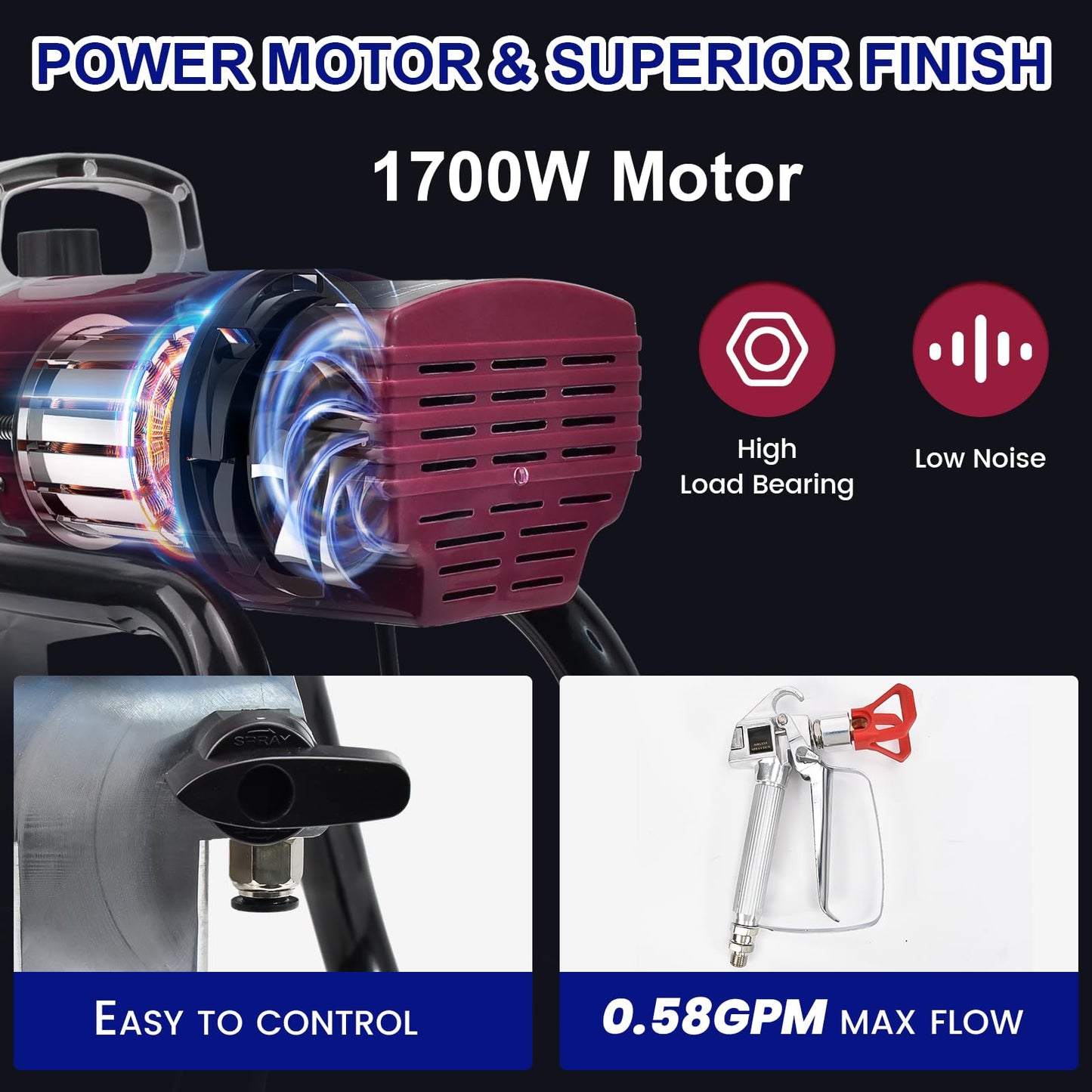 1700W Airless Paint Sprayer, 3300 PSI Electric Sprayer with 33ft Hose & Extension Rod