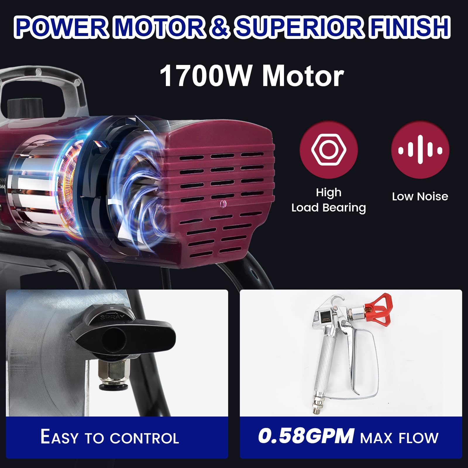 1700W Airless Paint Sprayer, 3300 PSI Electric Sprayer with 33ft Hose & Extension Rod