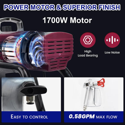 1700W Airless Paint Sprayer, 3300 PSI Electric Sprayer with 33ft Hose & Extension Rod