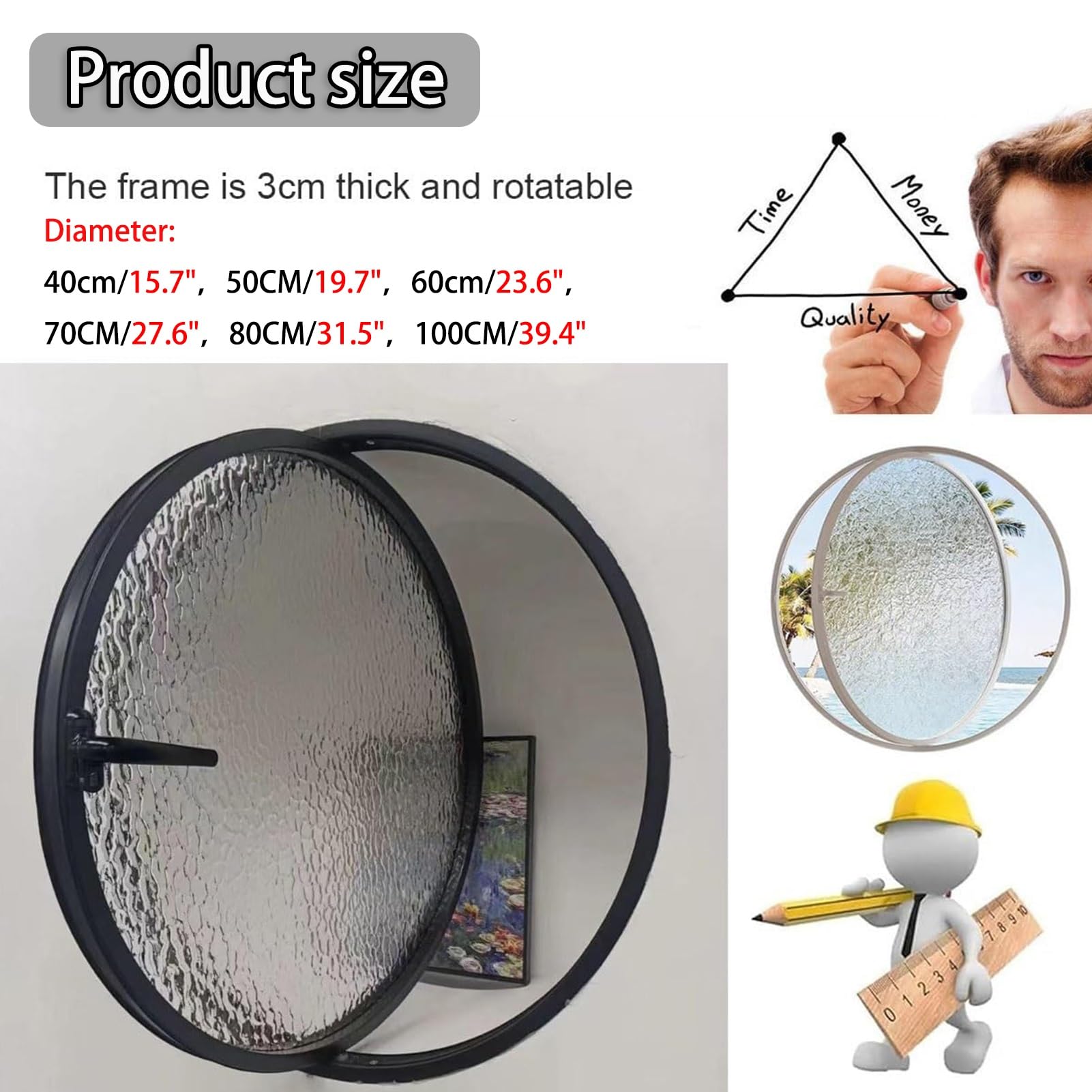 Circular Rotating Tempered Glass Window with Aluminum Frame for Attic Ventilation & Home Decor