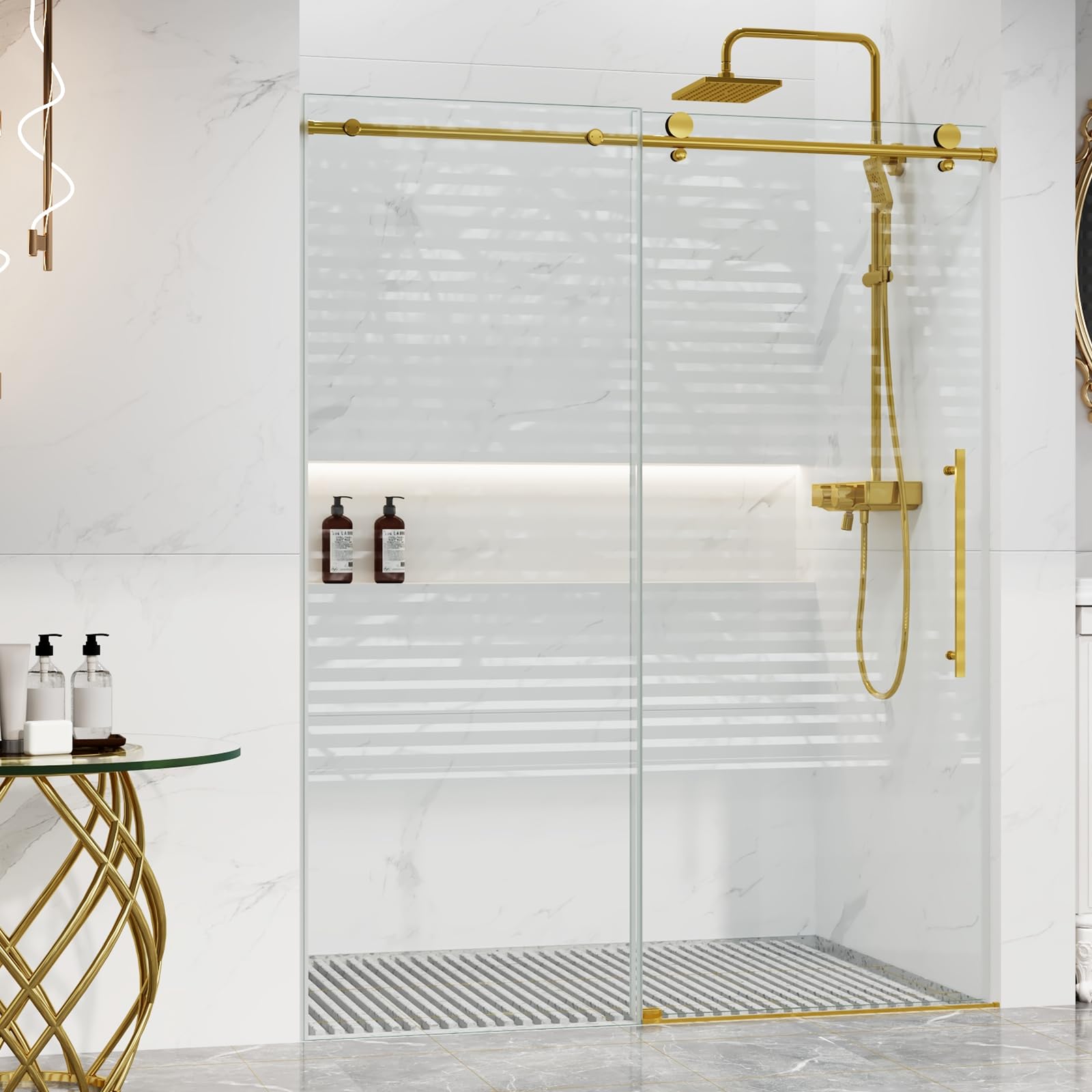Frameless Sliding Shower Door with Clear Tempered Glass and Stainless Steel Hardware