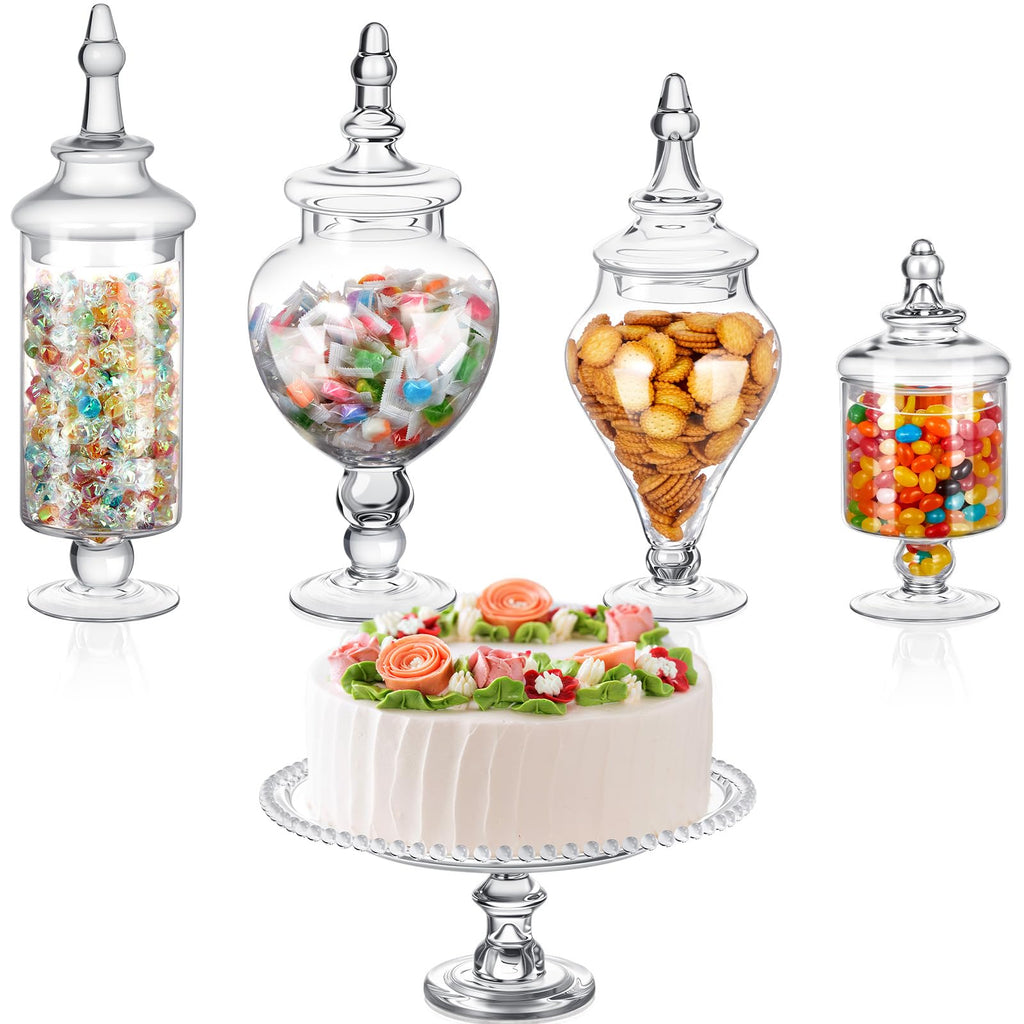 Clear Glass Apothecary Jar Set with Lids, Candy & Cookie Storage Canisters and Cake Stand