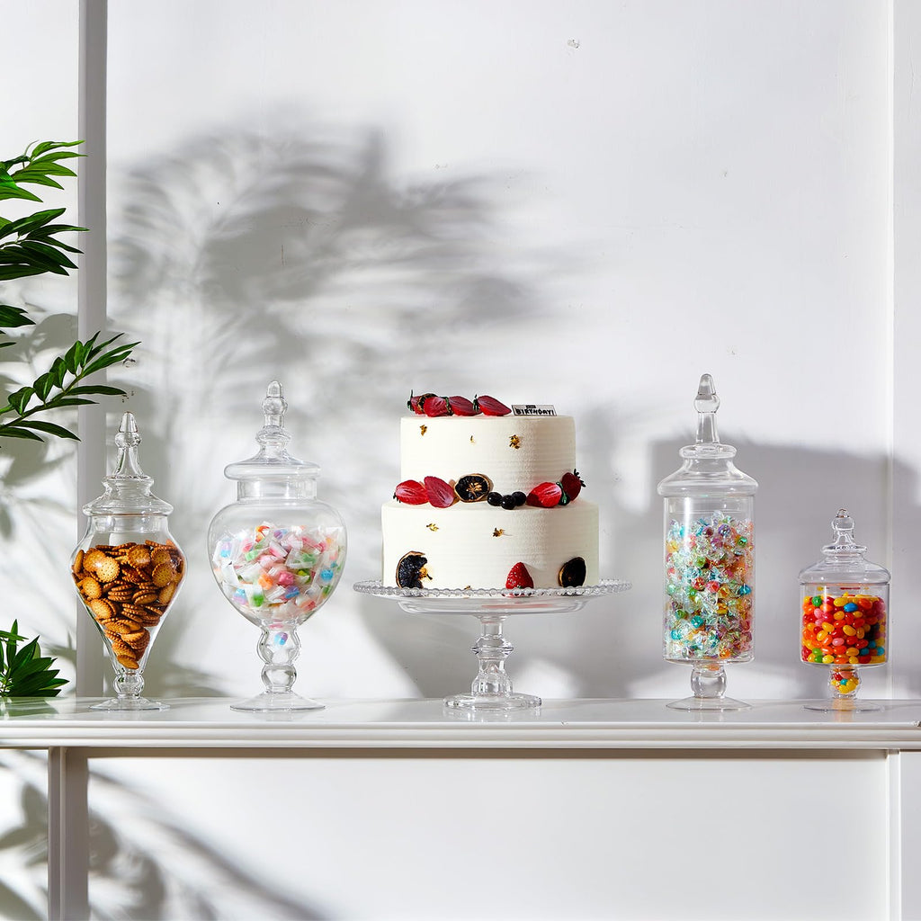 Clear Glass Apothecary Jar Set with Lids, Candy & Cookie Storage Canisters and Cake Stand