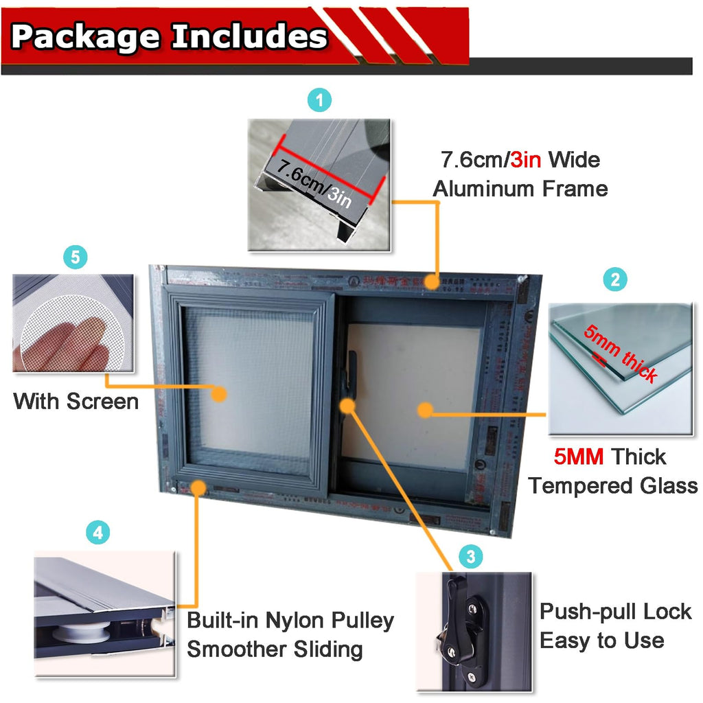 Aluminum Sliding Window 49×16" with Tempered Glass, Energy-Efficient Replacement Window