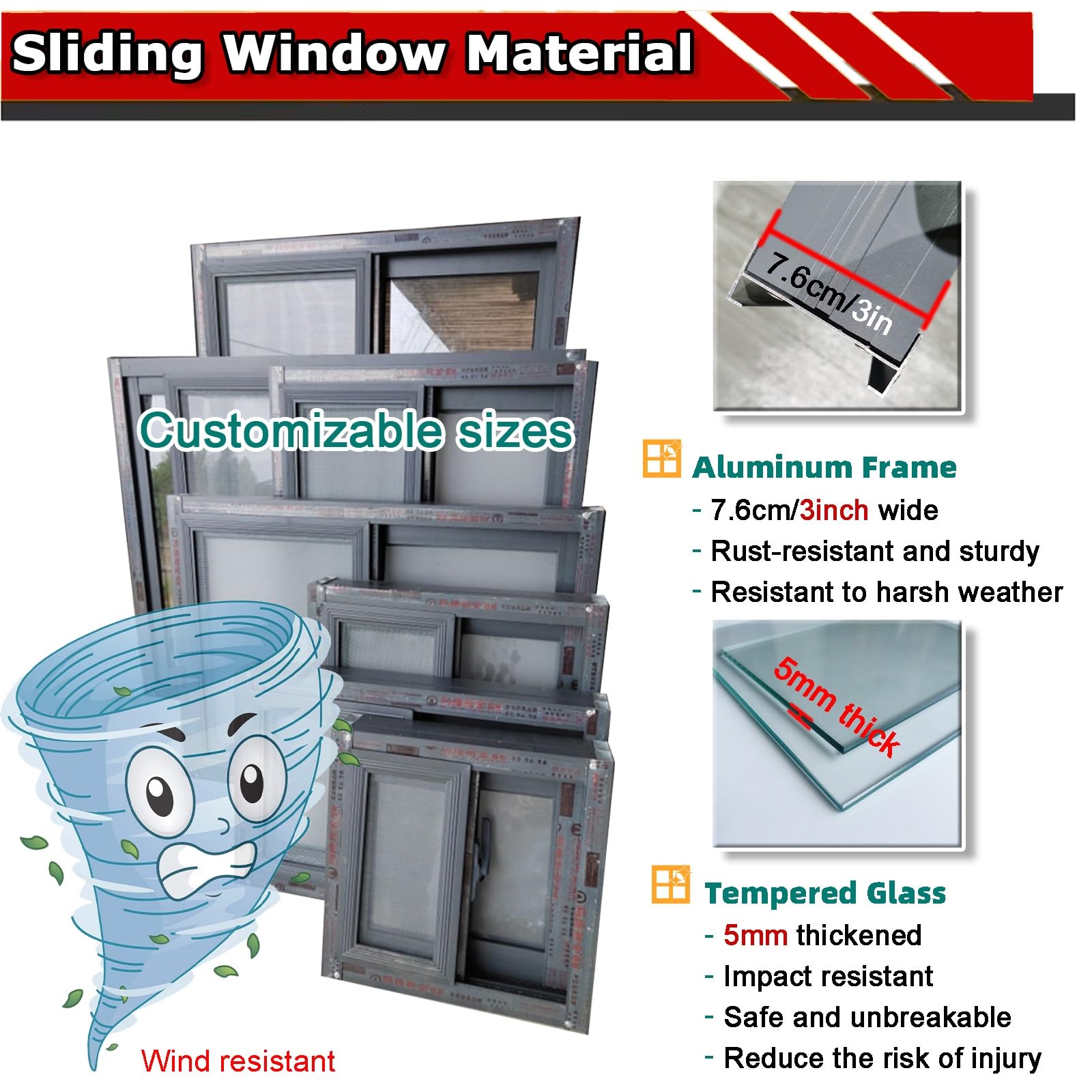 Aluminum Sliding Window 49×16" with Tempered Glass, Energy-Efficient Replacement Window