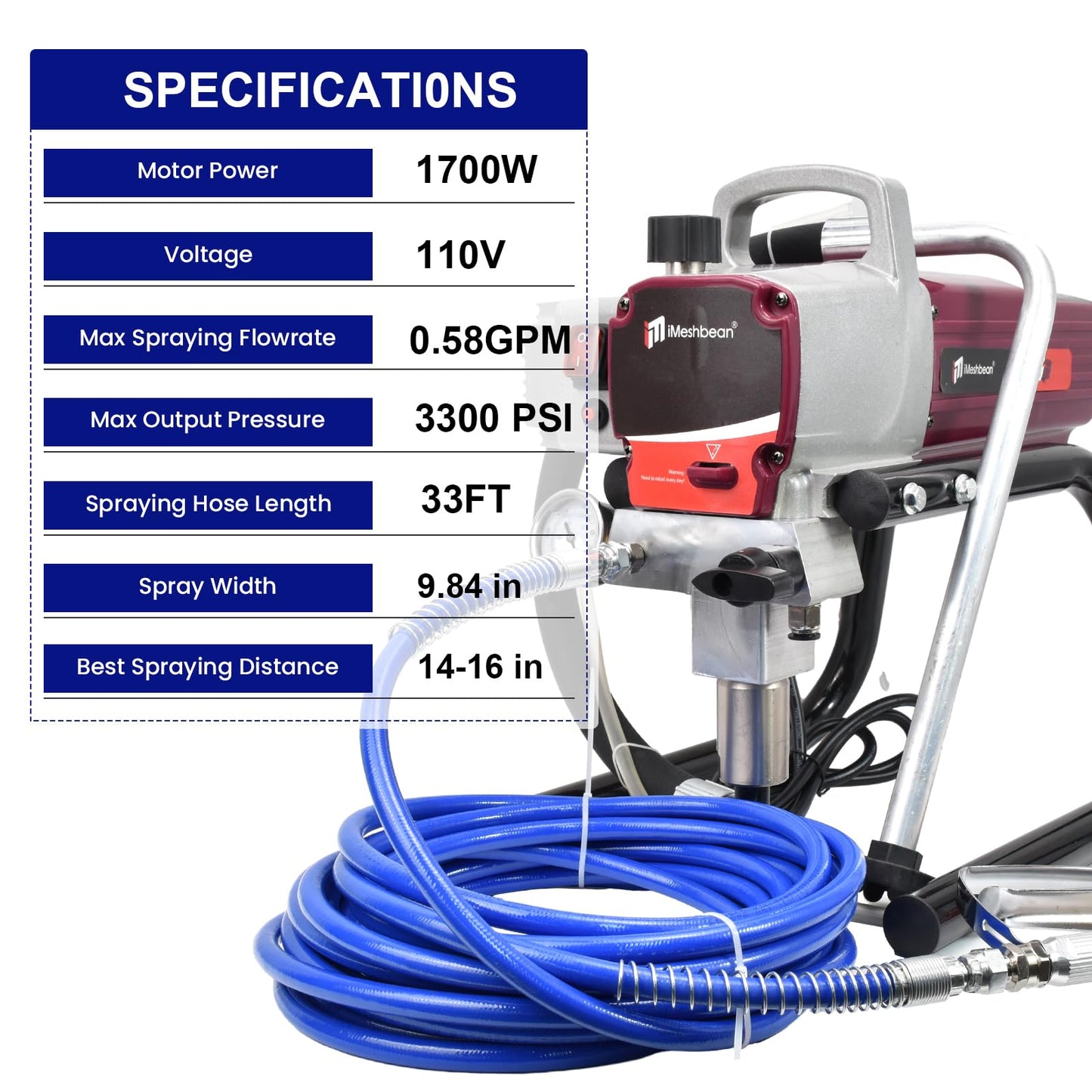 1700W Airless Paint Sprayer, 3300 PSI Electric Sprayer with 33ft Hose & Extension Rod
