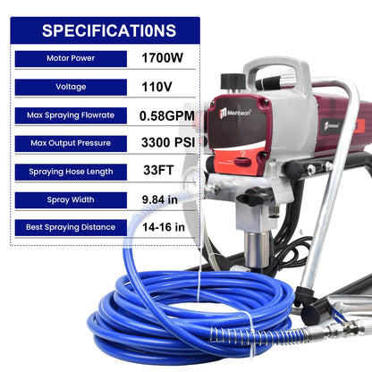 1700W Airless Paint Sprayer, 3300 PSI Electric Sprayer with 33ft Hose & Extension Rod