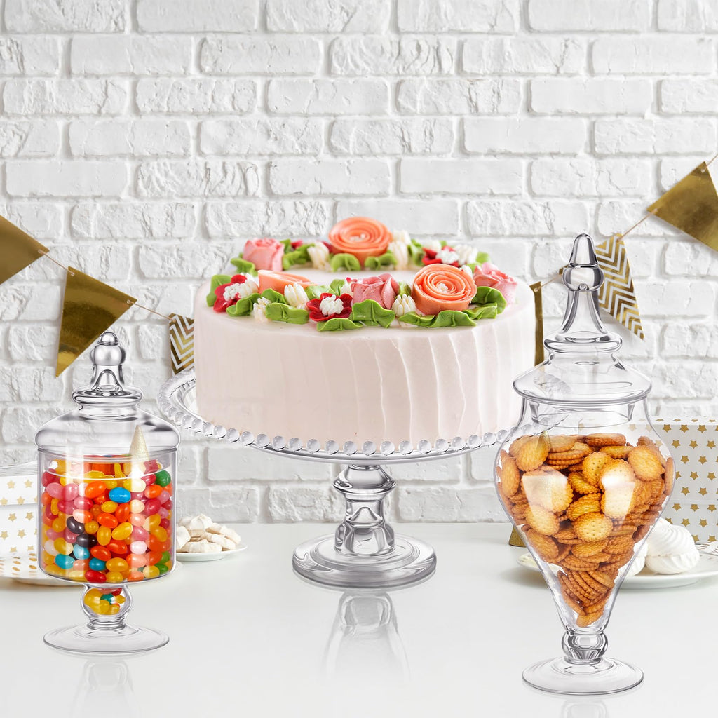 Clear Glass Apothecary Jar Set with Lids, Candy & Cookie Storage Canisters and Cake Stand