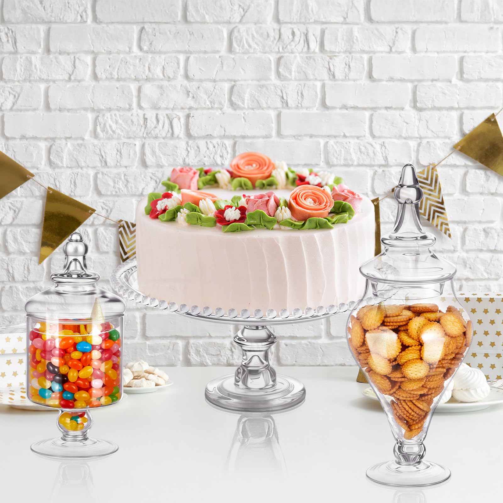 Clear Glass Apothecary Jar Set with Lids, Candy & Cookie Storage Canisters and Cake Stand