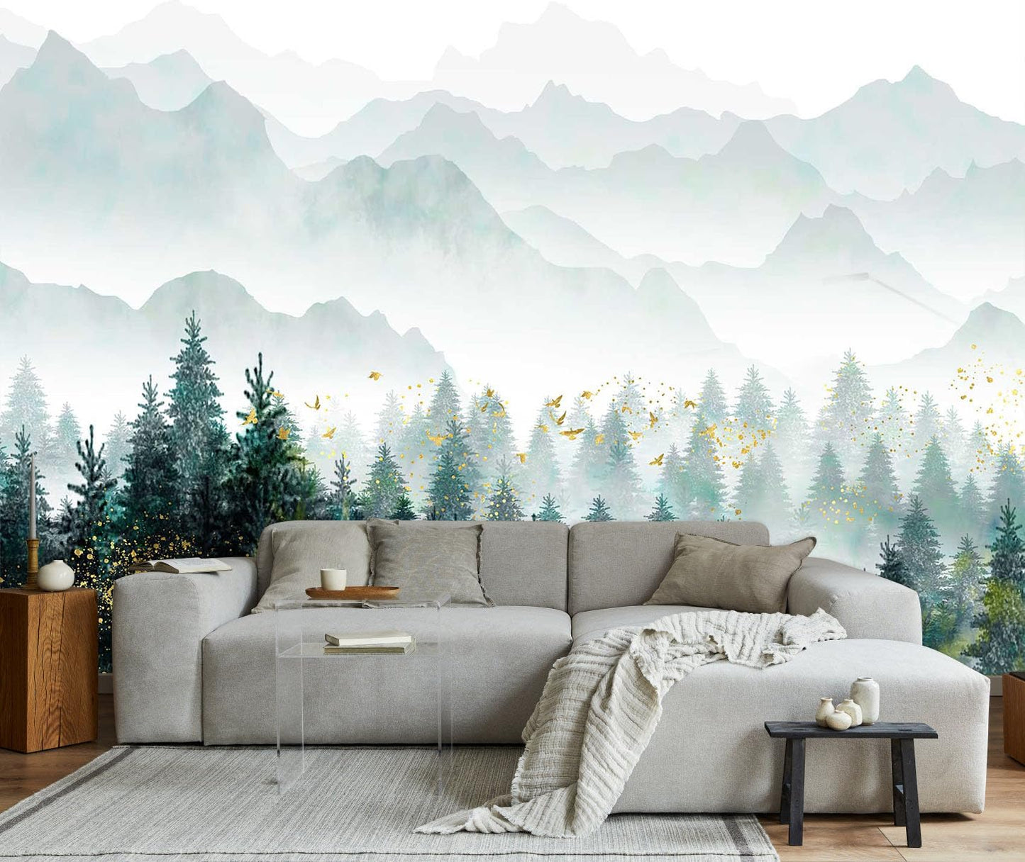 Mountain Stream Forest Wall Mural with Sunlight, Non-Adhesive Wallpaper