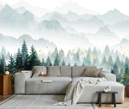 Mountain Stream Forest Wall Mural with Sunlight, Non-Adhesive Wallpaper